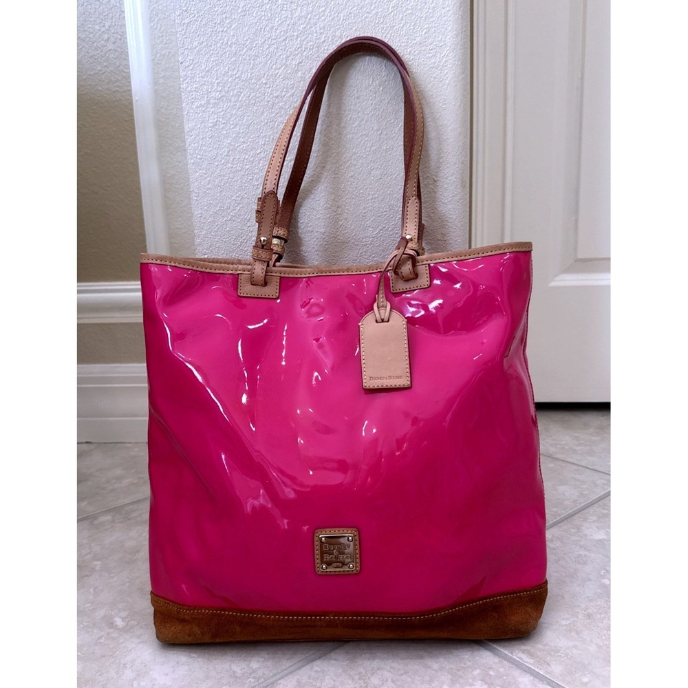 Dooney & Bourke Lee Tote Pink Patent Leather Brown Trim Bag Carryall‎ Purse *See